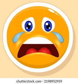 Sticker Style Crying Cartoon Emoji Face On Yellow Background.