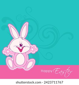 Sticker Style Cute Cartoon Cheerful Bunny on Blue Swirl Floral Background for Happy easter Celebration Concept.