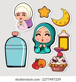 Sticker Style Cute Islamic Girls Character With Fruits And Fast Food Elements.