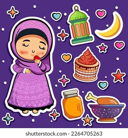 Sticker Style Cute Muslim Girl Character Eating Apple With Festivals Element Decorative Purple Background For Ramadan Or Eid Concept.