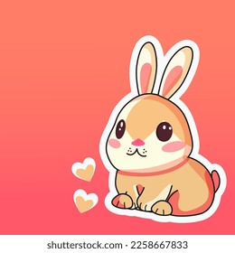 Sticker Style Cute Rabbit Or Bunny Sitting With Hearts On Pastel Red Background. Love Or Valentine's Day Concept.
