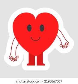 Sticker Style Cute Red Heart Cartoon In Stand Pose.