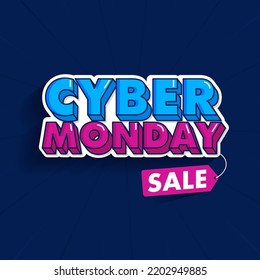 Sticker Style Cyber Monday Text On Blue Rays Background For Sale. Advertising Poster Or Template Design.