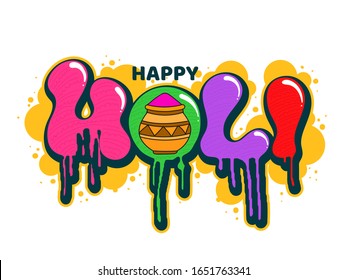 Sticker Style Dripping Holi Text with Color Mud Pot and Yellow Splash Effect on White Background.