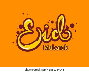 Sticker Style Eid Mubarak Font on Orange Background.