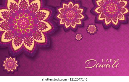 Sticker style exquisite flowers on seamless pattern fuchsia background. Greeting card design for Diwali festival.