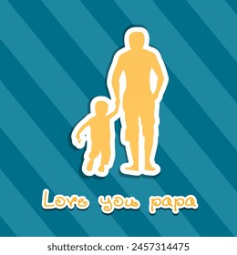 Sticker Style Father Holding Hand of His Child with Love You Papa Text on Blue Striped Background, Happy Father's Day Poster Design.