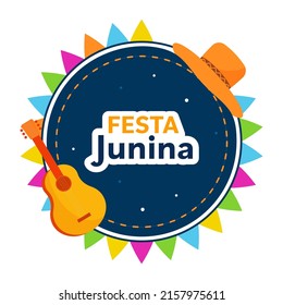 Sticker Style Festa Junina Font Over Circular Frame With Hat, Guitar On White Background.