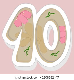 Sticker Style Floral 10 Number On Pink Background.