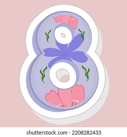 Sticker Style Floral 8 Number On Pink Background.