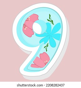 Sticker Style Floral Number 9 On Pink Background.