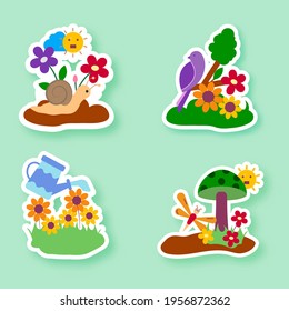 Sticker Style Floral Or Spring Set On Green Background.