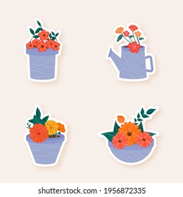 Sticker Style Flower Pots Set On Beige Background.