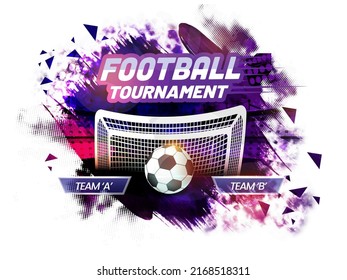 Sticker Style Football Tournament Font With Participating Team A VS B And Purple Brush Stroke On Halftone White Background.