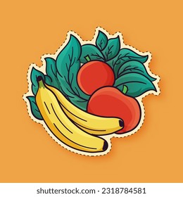 Sticker Style Fresh Fruit of Banana and Apple with Leaves on Orange Background.