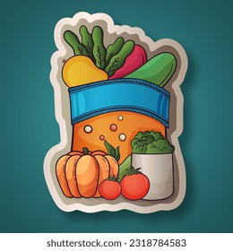 Bolsa de compras de frutas frescas y verduras en el fondo de la carne.