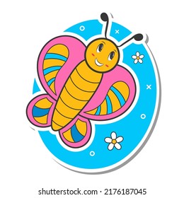 Sticker Style Funny Butterfly With Flowers On Blue And White Background.