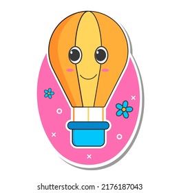 Sticker Style Funny Hot Air Balloon With Flowers On Pink And White Background.