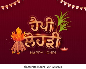 Sticker Style Golden Happy Lohri Punjabi Text With Bonfire, Sugarcane, Lit Oil Lamp (Diya) And Bunting Flags Decorated On Dark Red Background.