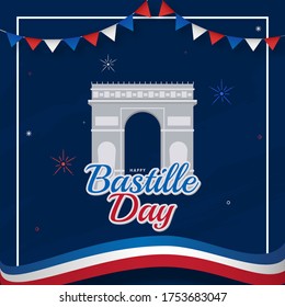 Sticker Style Happy Bastille Day Font with Arc De Triomphe Monument and France Flag Wavy Ribbon on Blue Background.