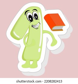 Sticker Style Happy Cartoon 1 Number With Book Icon In Green And Orange Color.