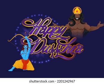 Sticker Sticker-Stil glücklicher Dussehra-Text mit Hindumythologie Lord Rama und Dämon Ravana Charakter auf violettem, hellem Hintergrund.