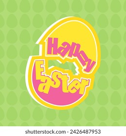 Sticker Style Happy Easter Font on Egg Pattern Green Background.