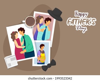 Sticker Style Happy Father's Day Font With Memories Picture, Coffee Or Tea Cup, Hat, Mustache And Newspaper On Brown Background.