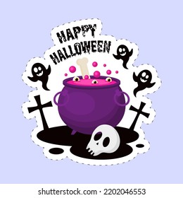 Sticker Style Happy Halloween Font With Festival Elements On Blue Background.