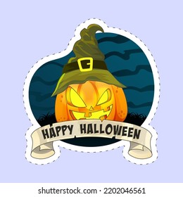 Sticker Style Happy Halloween Font With Jack-O-Lantern Wearing Witch Hat On Blue Background.