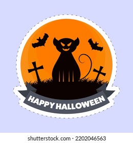 Sticker Style Happy Halloween Font With Scary Cat, Graveyard, Flying Bats On Orange And Blue Background.