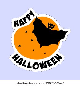 Sticker Style Happy Halloween Font With Flying Bat On Orange And Blue Background.