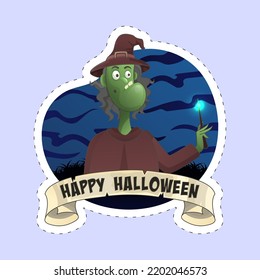 Sticker Style Happy Halloween Font With Witch Or Wizard Holding Magic Stick On Blue Background.