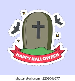 Sticker Style Happy Halloween Font With Tombstone, Flying Bats On Blue Background.