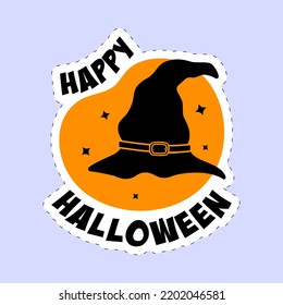 Sticker Style Happy Halloween Font With Witch Hat On Orange And Blue Background.