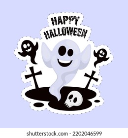 Sticker Style Happy Halloween Font With Funny Ghosts, Skull And Tombstones On Blue Background.