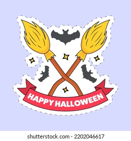 Sticker Style Happy Halloween Font With Crossed Broom And Flying Bats On Blue Background.