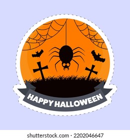 Sticker Style Happy Halloween Font With Cemetery View, Spider Hang, Flying Bats On Orange And Blue Background.