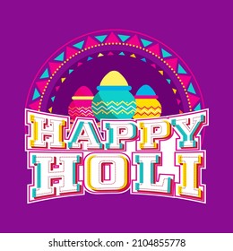 Sticker Style Happy Holi Font With Mud Pots Full Of Dry Color (Gulal) On Purple Background.