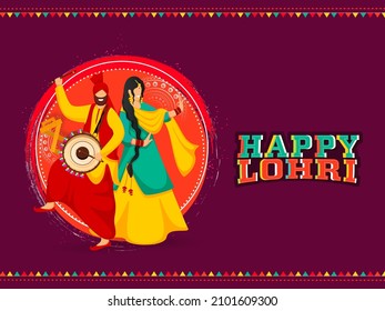 Sticker Style Happy Lohri Font With Punjabi Man Playing Dhol, Woman Dancing And Purple Round Brush Effect On White Background.