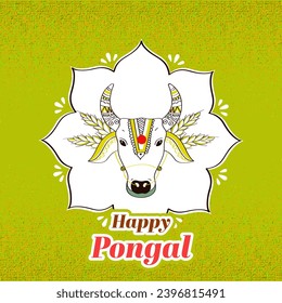Sticker Style Happy Pongal Font with Doodle Style Cow or Bull Face on Light Green Rusty Background.