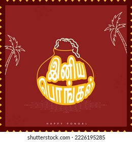 Sticker Style Happy Pongal Text Written In Tamil Language With Doodle Mud Pot Full Of Traditional Dish Over Kolam And Coconut Tree On Red Background.