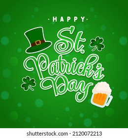 Sticker Style Happy St. Patrick's Day Font With Leprechaun Hat, Shamrock Leaves And Beer Mug On Green Blur Bokeh Background.