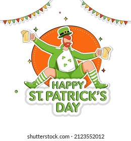 Sticker Style Happy St. Patrick's Day Font With Cartoon Leprechaun Man Holding Beer Mugs, Bunting Flags On Orange And White Background.