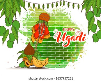 Sticker Style Happy Ugadi Font with Traditional Gudhi, Worship Pot (Kalash) and Mango on Geen Brush Stroke Grunge Effect Brick Wall Background.