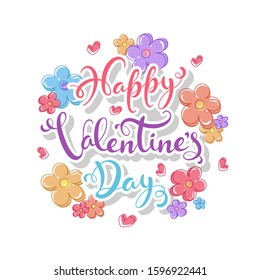 Sticker Style Happy Valentine's Day Font Decorated with Colorful Flowers and Hearts on White Background.