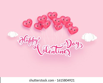 Sticker Style Happy Valentine's Day Font Decorated with Facial Expression Heart Balloons and Paper Cut Clouds on Pastel Pink Background.