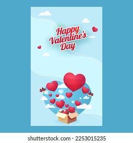 Sticker Style Happy Valentine's Day Font With Red Hearts Coming Out of Cardboard Box, Flying Birds And Clouds On Sky Blue Background. 