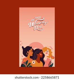 Sticker Style Happy Women's Day Text And Three Young Women Characters On Pastel Red Background. Vertical Banner Design.