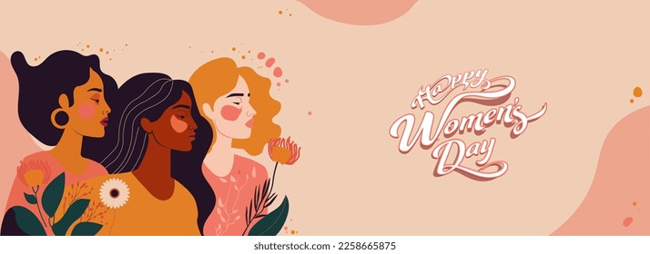 Sticker Style Happy Women's Day Text And Three Young Women Characters On Peach Background.